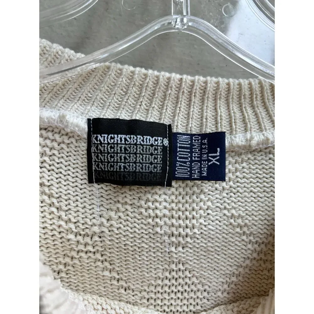 Vintage Knightsbridges Cream Crewneck Golf Sweater Cotton Made in USA Size XL